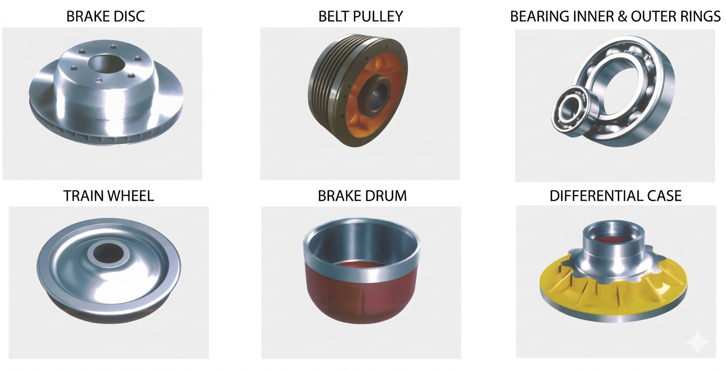Six automotive and mechanical components labeled: brake disc, belt pulley, bearing rings, train wheel, brake drum, can be machined by vertical lathe