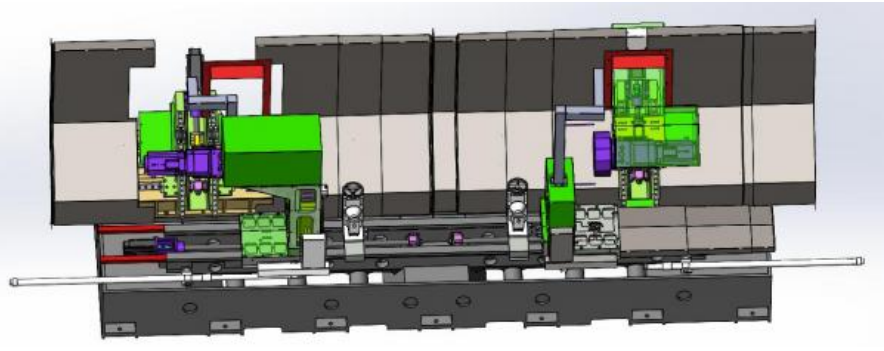 Cross-sectional diagram of a mechanical assembly with colorful components indicating internal mechanisms.