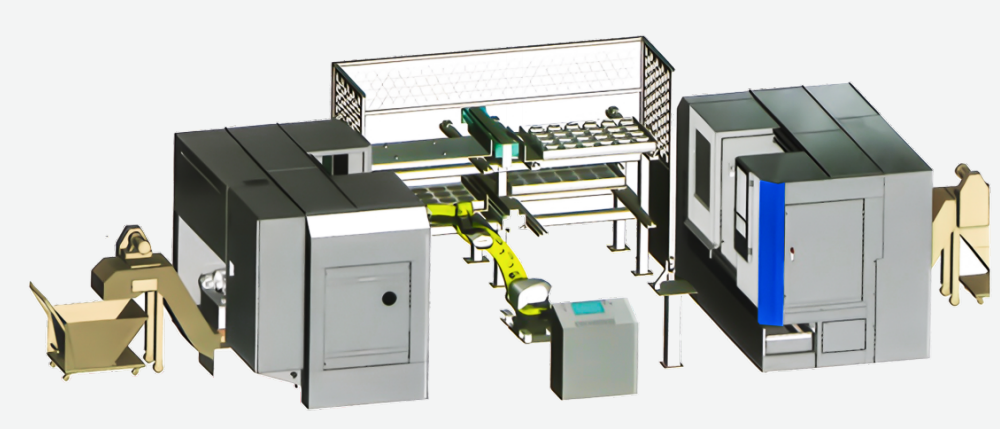 Industrial machinery setup with conveyor and processing units.