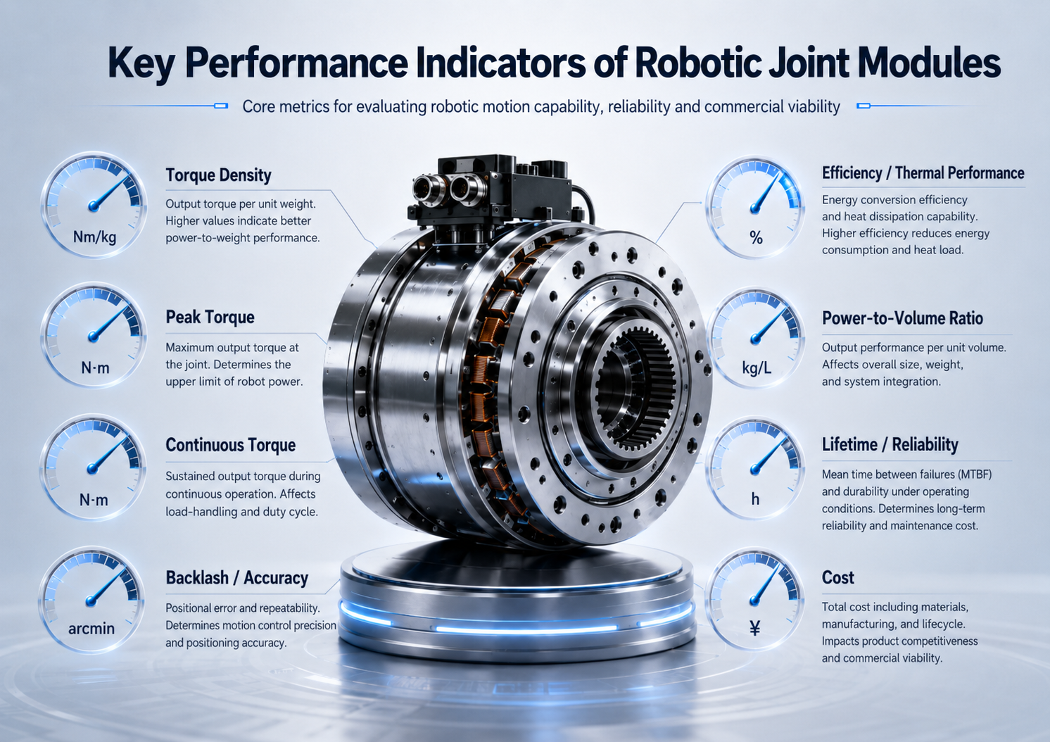 Key performance indicators of robotic joint modules with a detailed diagram and labeled metrics.
