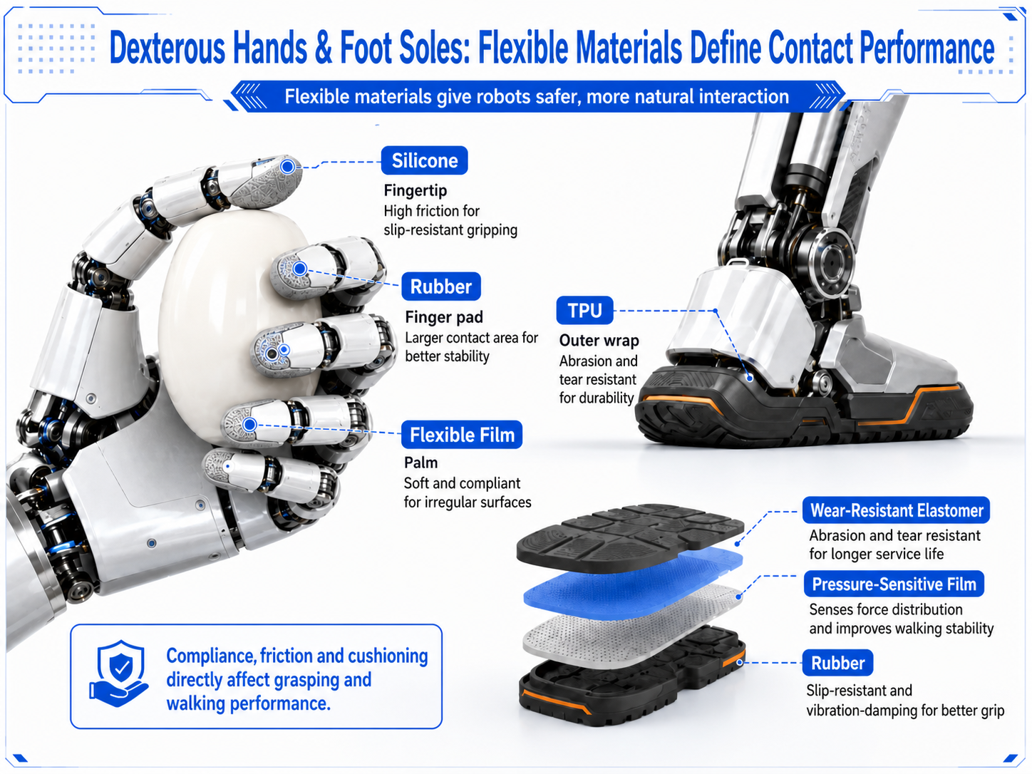 Humanoid robot hand and foot materials showing silicone, rubber, TPU and flexible sensing layers