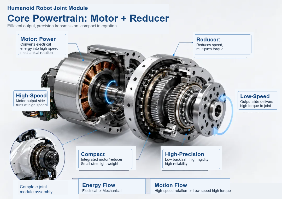 Humanoid robot joint module showcasing compact motor and reducer for efficient torque and precision.