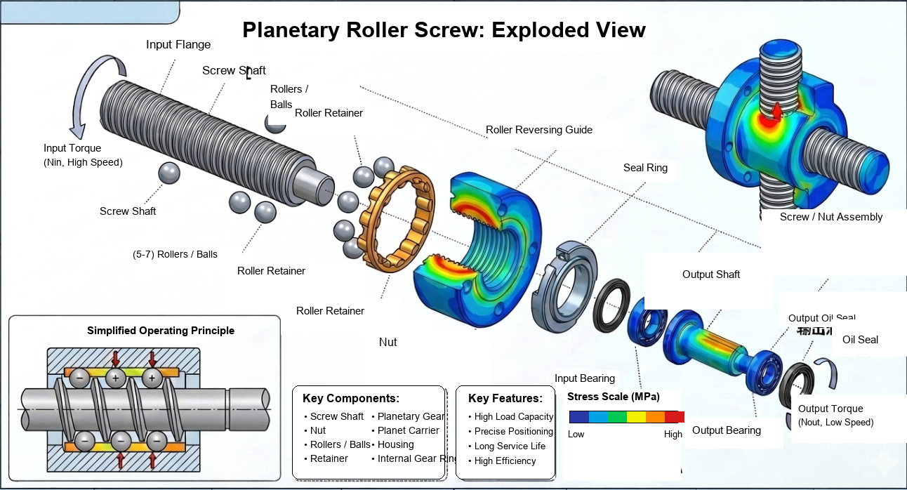 Exploded view of a planetary roller screw showing the screw shaft, threaded rollers, retainer, nut, bearings, seals and output shaft