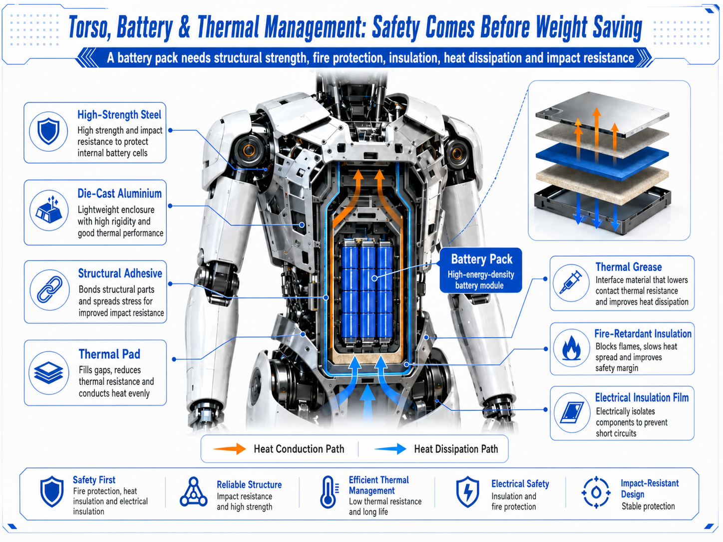 Humanoid robot battery pack and thermal management materials showing structural, insulating and heat-dissipation layers