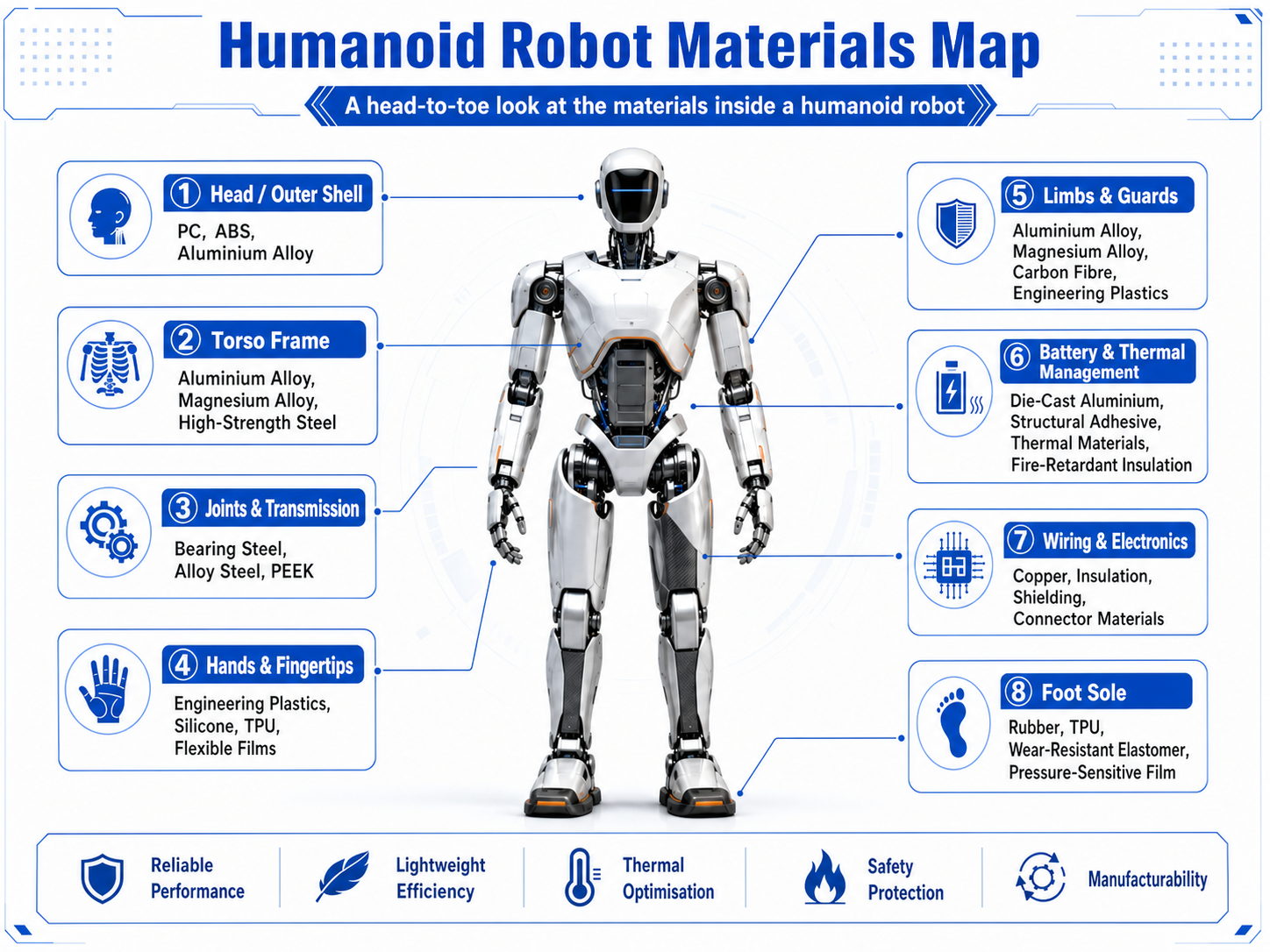 Material map of a humanoid robot showing materials used in the head, structural frame, joints, limbs, hands, feet, battery pack and wiring system