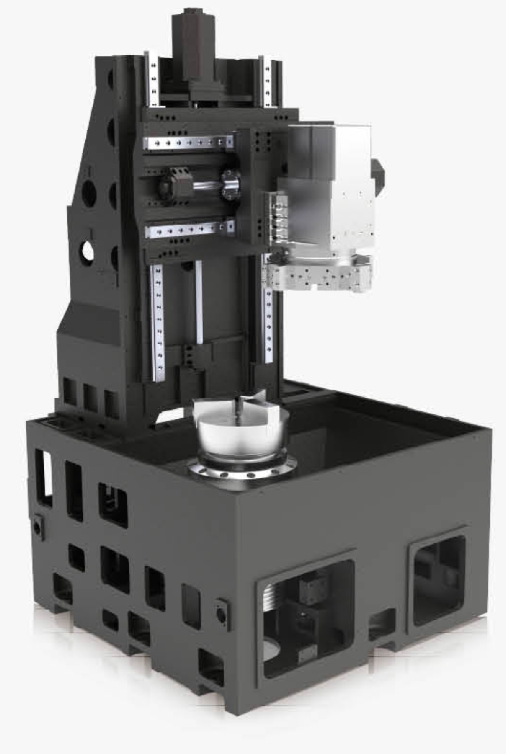 CNC machine frame with a vertical lathe setup.