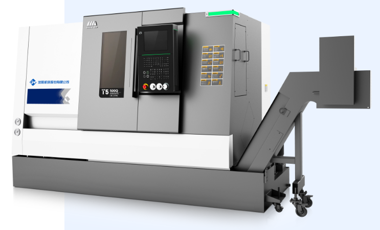 CNC lathe with panel and conveyor system.