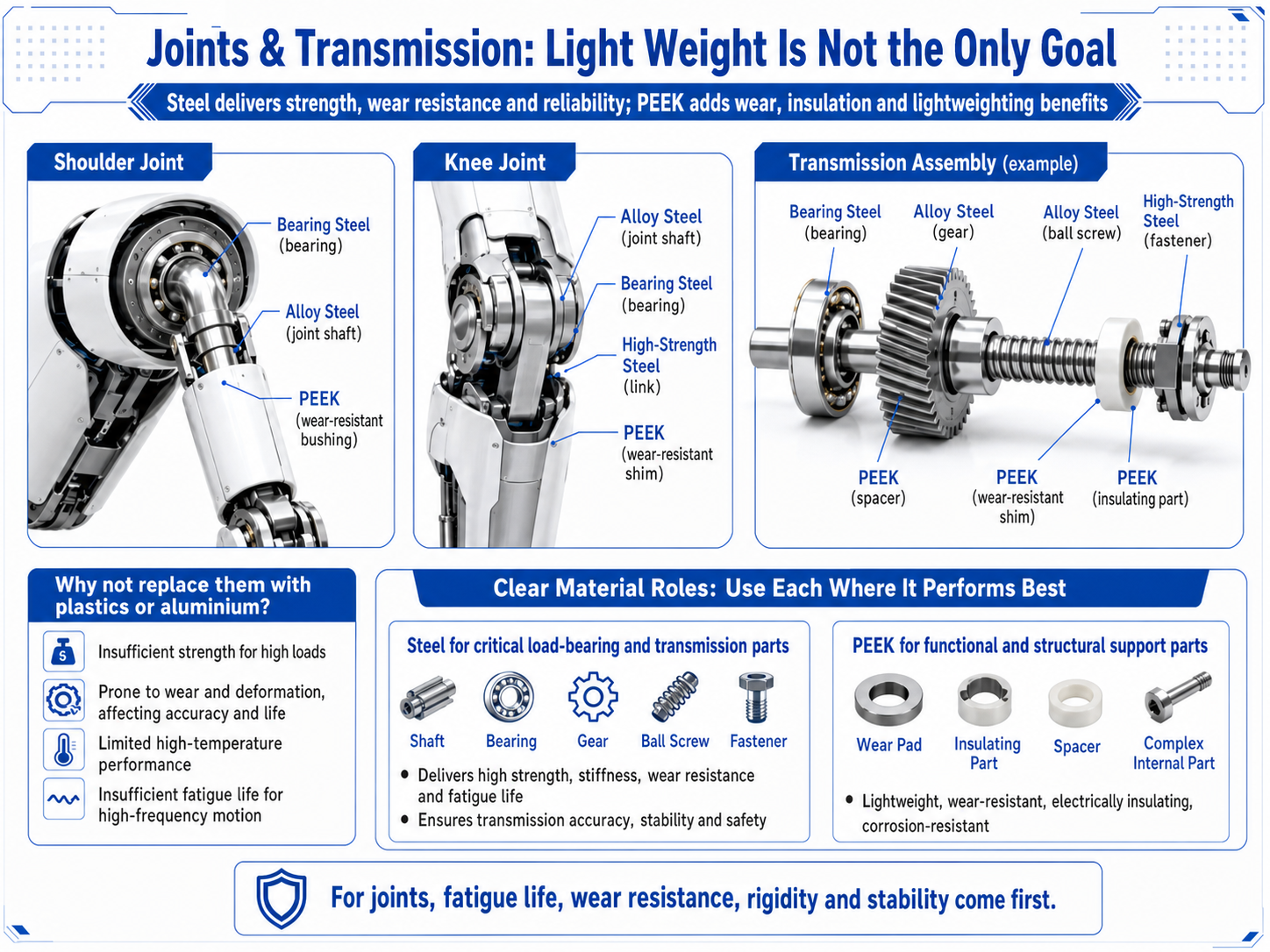 Humanoid robot joint and transmission materials showing bearing steel, alloy steel, high-strength steel and PEEK components