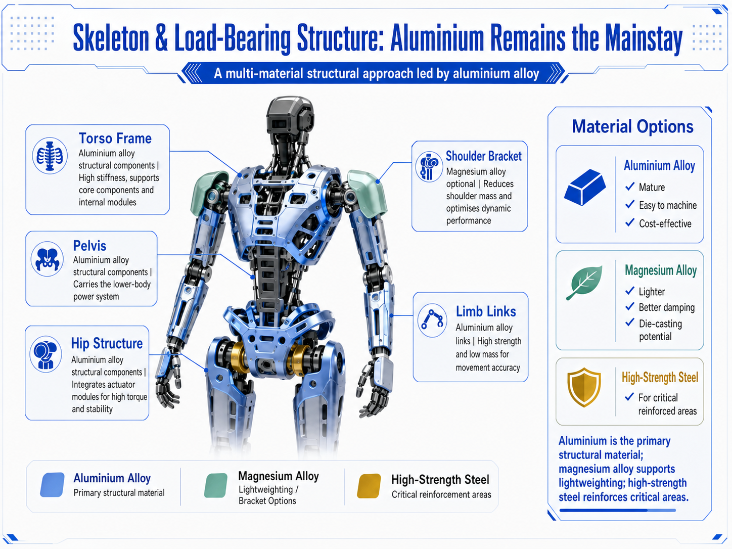Humanoid robot skeleton and load-bearing structure showing aluminium alloy, magnesium alloy and high-strength steel applications