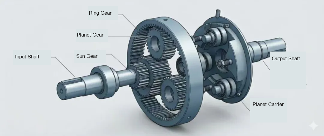Technical diagram of a planetary reducer showing the input shaft, sun gear, planet gears, internal ring gear, planet carrier and output shaft, commonly used in quasi-direct drive robot actuators and rotary joint modules.