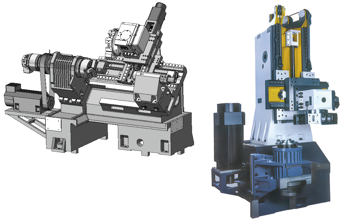Two types of CNC lathe, horizontal and vertical.