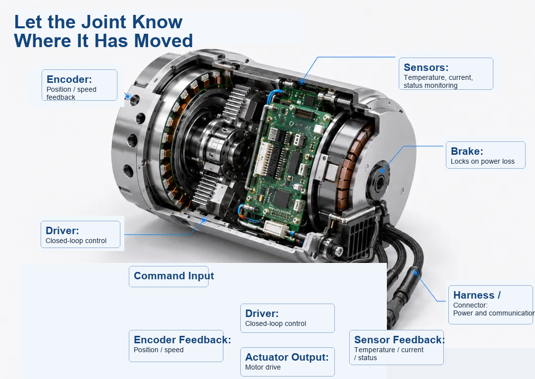 Cutaway view of a motor assembly labeled with components: encoder, driver, sensors, brake, and harness.