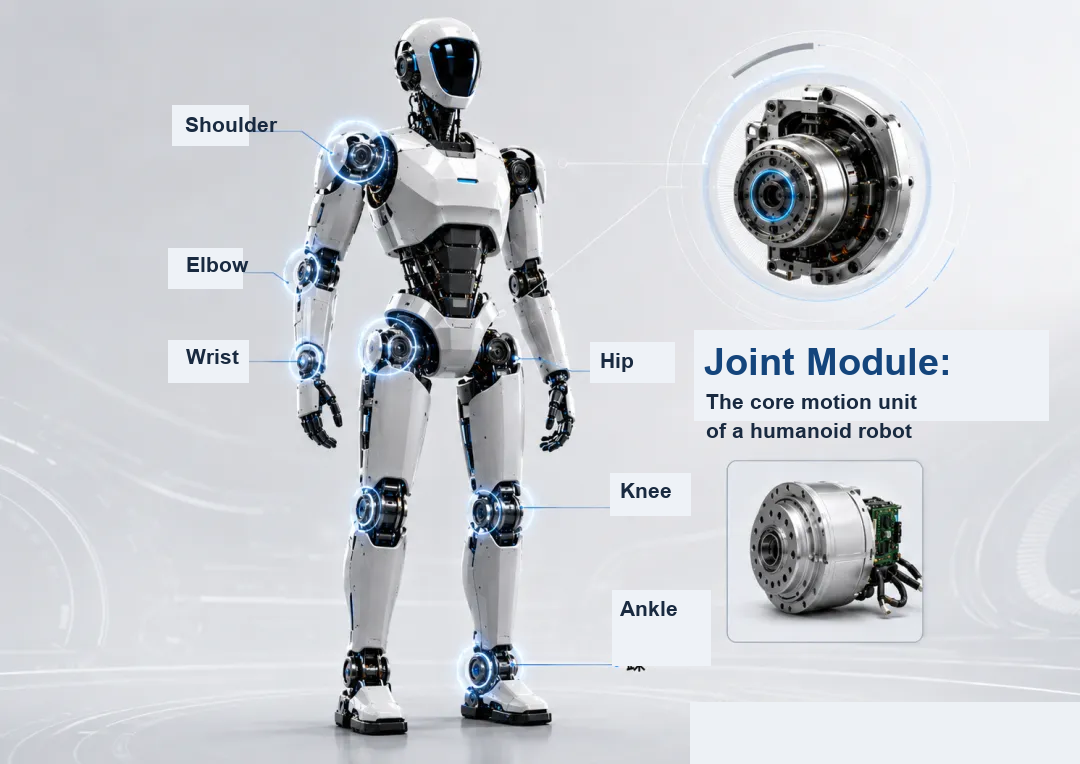 Humanoid robot with labeled joints (shoulder, elbow, wrist, hip, knee, ankle) and joint module close-up.