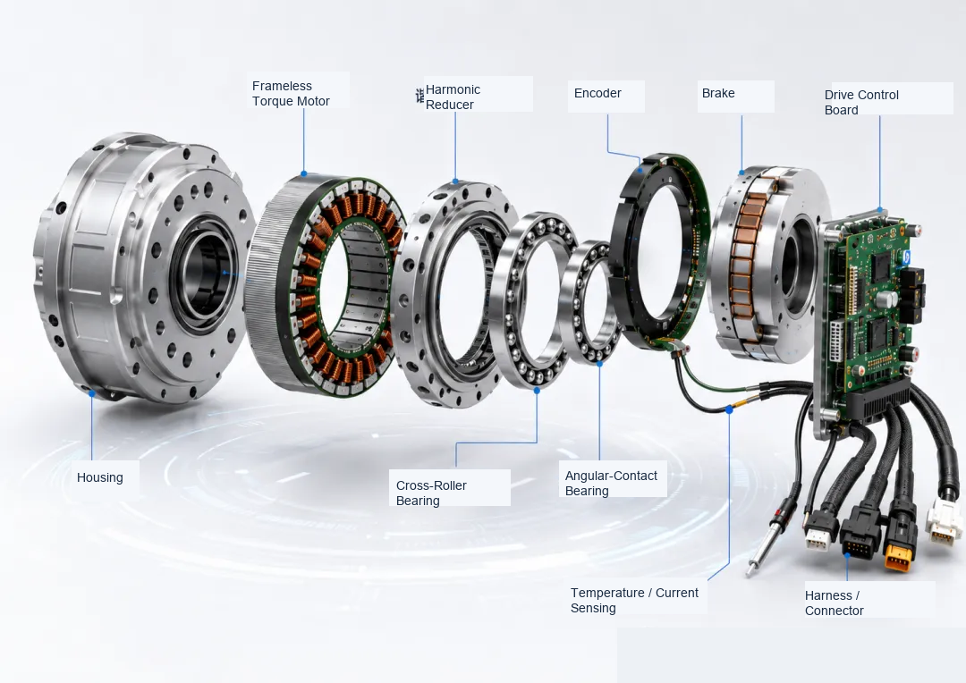 Exploded view of a torque motor assembly with labeled components, including housing, bearings, and control board.